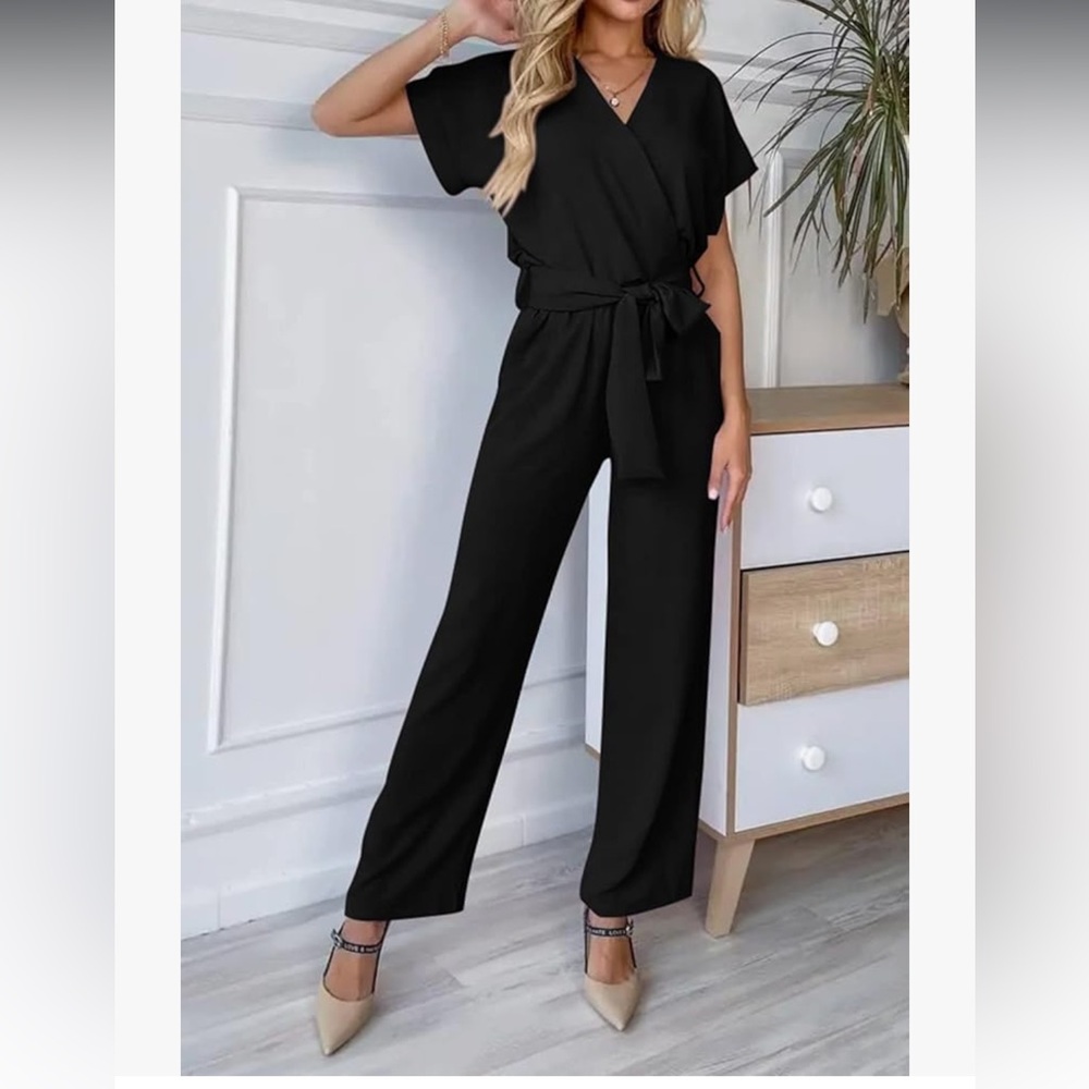 Black Wrap Belted Jumpsuit with Short Sleeves
